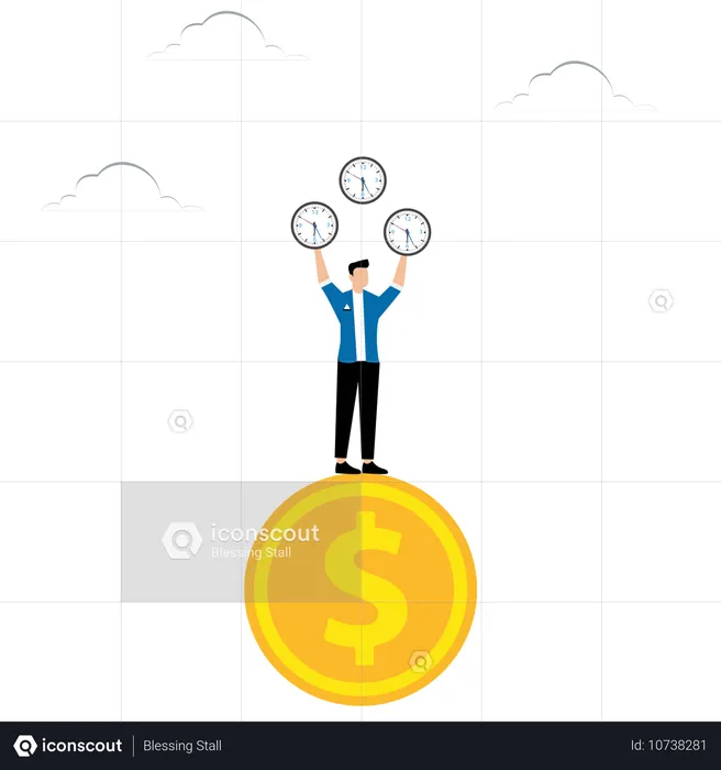 Man Juggles Clock While Standing On Coin  Illustration