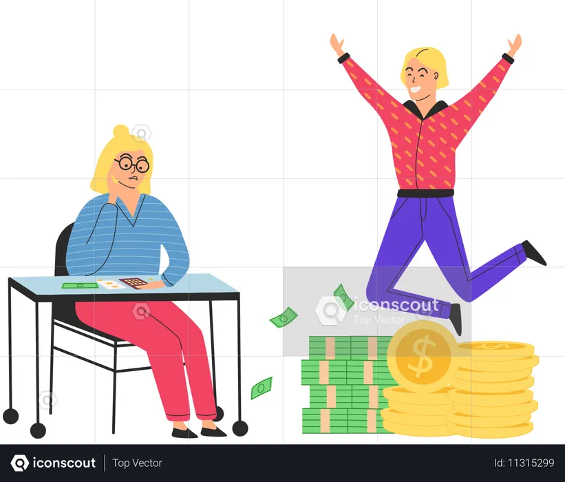 Man jumps and enjoys wealth  Illustration