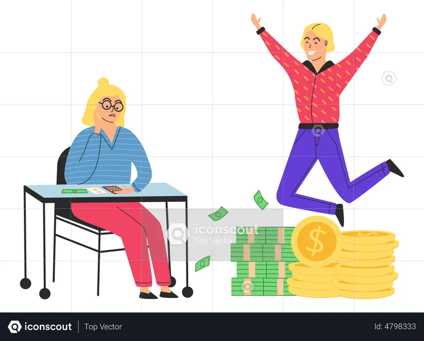 Man jumps and enjoys wealth and poor woman saving money  Illustration