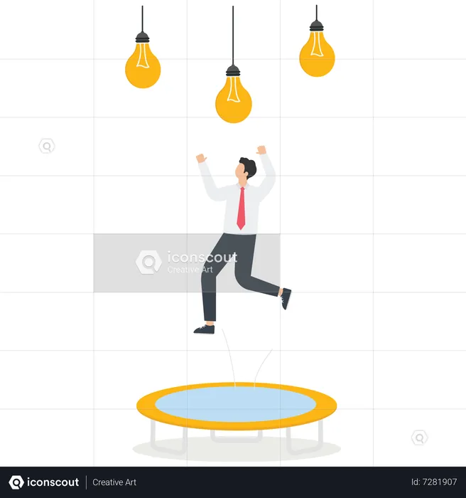 Man jumps on trampoline to reach for light bulb  Illustration