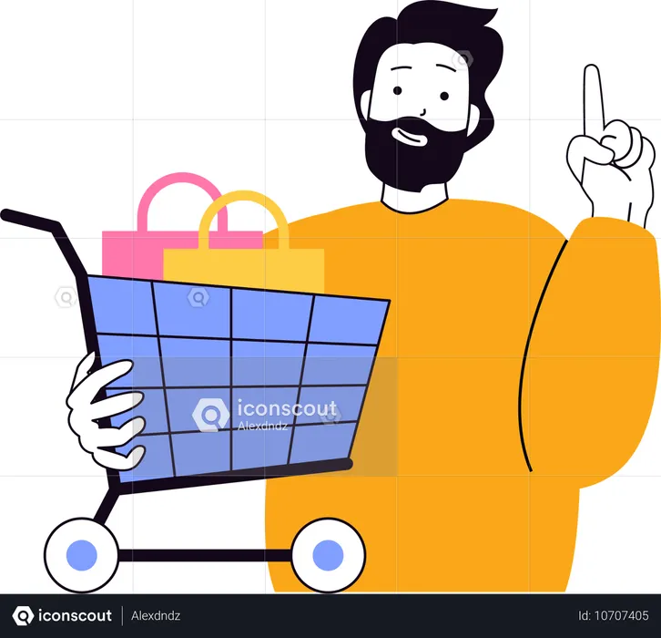 Man keeping purchased items in shopping cart  Illustration