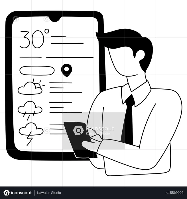 Man keeps check on weather application  Illustration