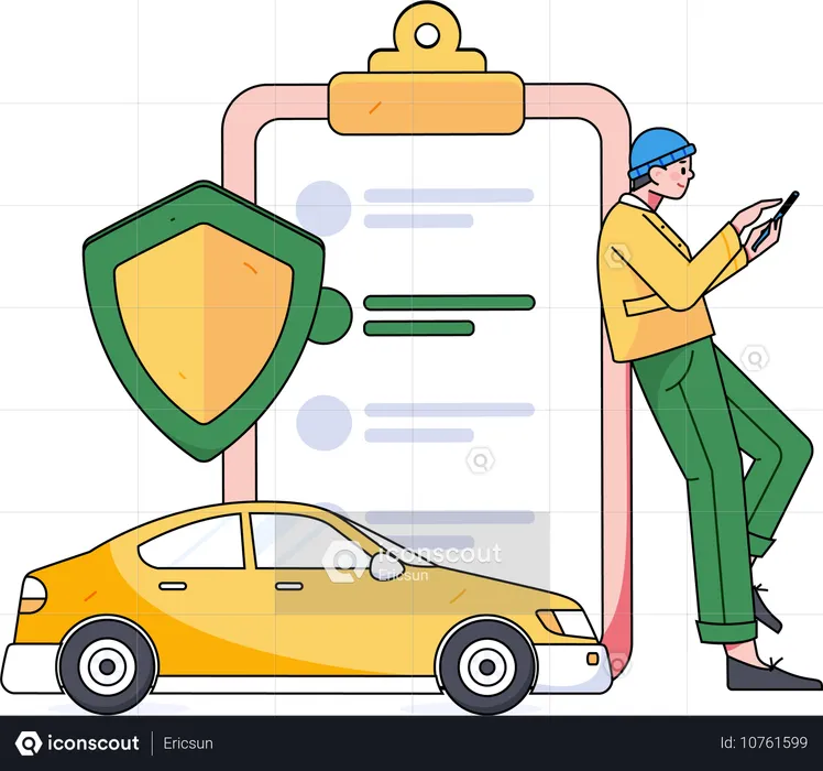 Man keeps his damaged car in insurance  Illustration