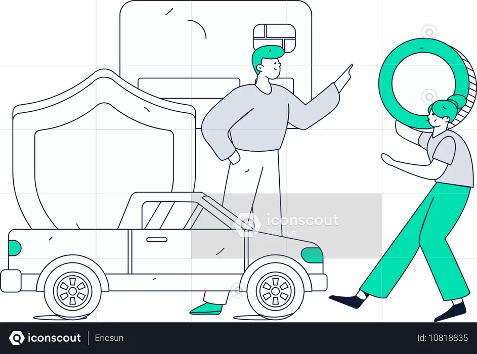 Man keeps his damaged car in insurance  Illustration