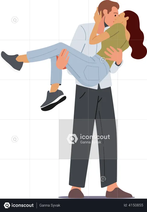 Man kissing girl while holding her in hands  Illustration