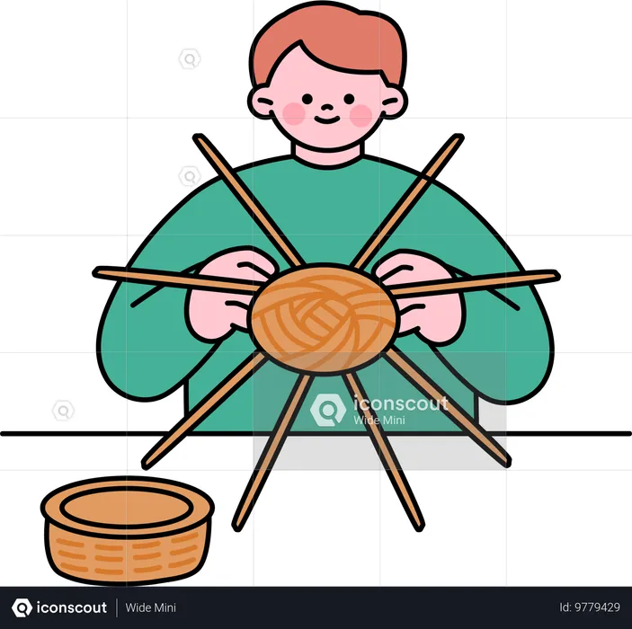 Man knitting woolen ball  Illustration