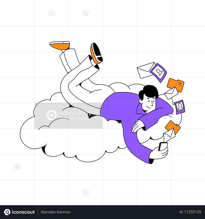 Mann lädt Dateien in die Cloud hoch  Illustration