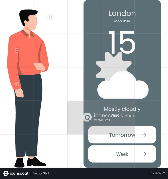 남자, 런던에서 날씨 앱 출시  일러스트레이션