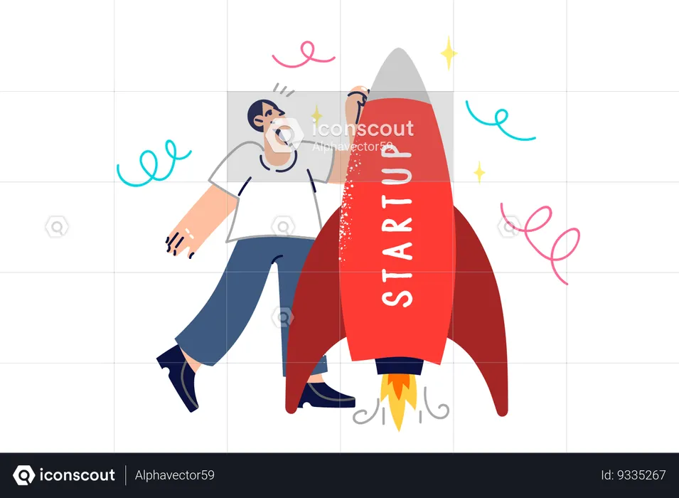 Man launches startup spaceship  Illustration