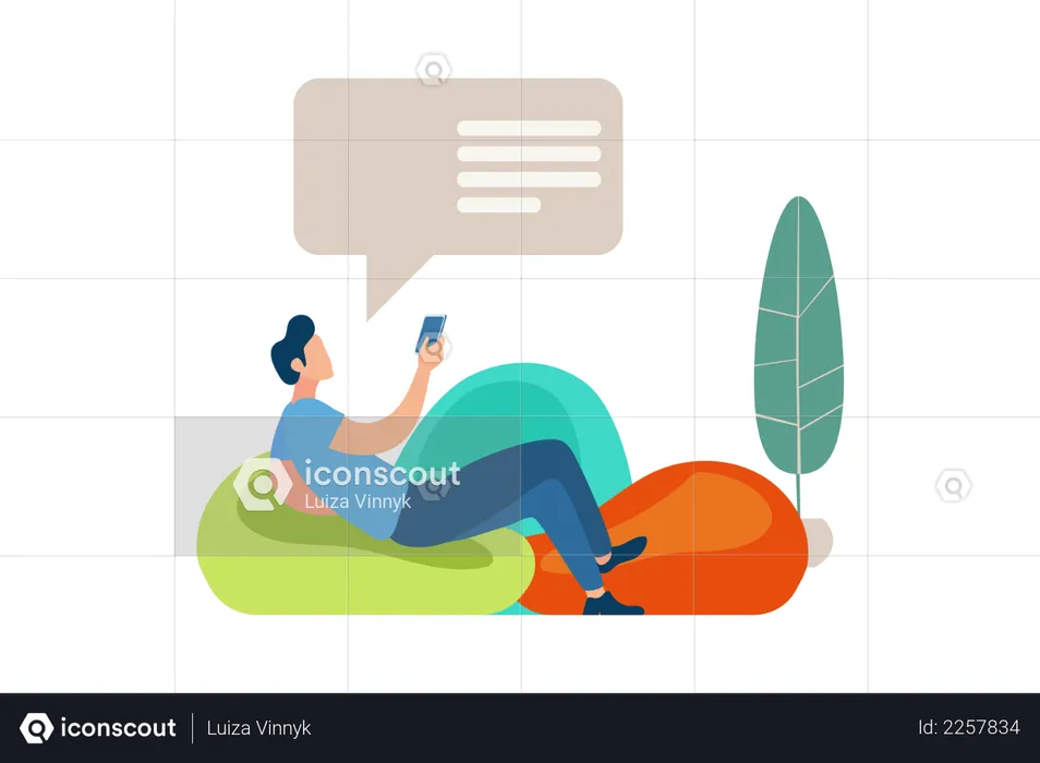 Man laying down on beanbag and watching a Social Profile  Illustration