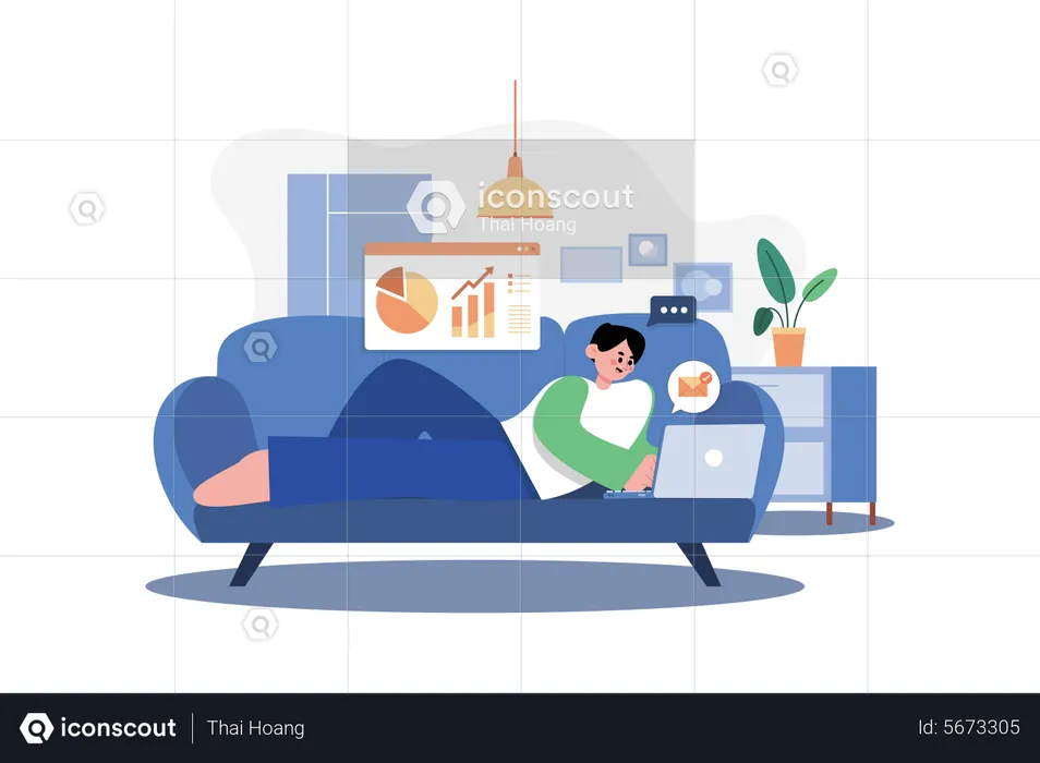 Man Laying on the couch and doing work on a laptop  Illustration