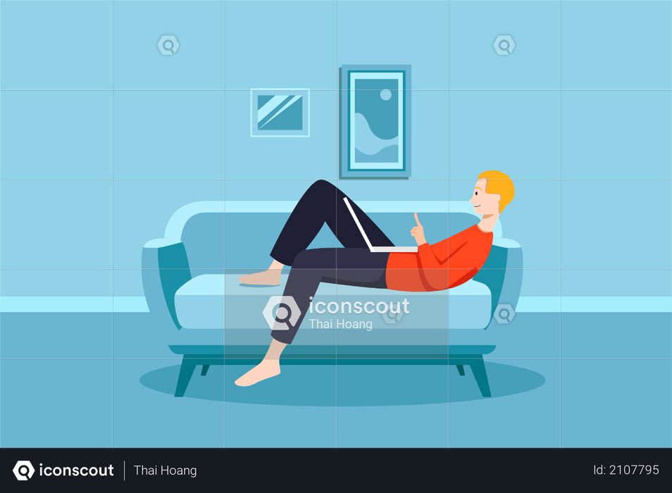 Man Laying on the couch and doing work in laptop Illustration