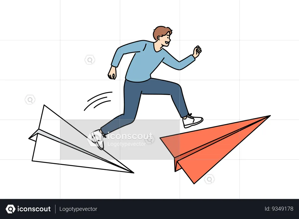 Man leader overcomes dangerous moments in business and runs on large paper airplanes to meet deadline  Illustration