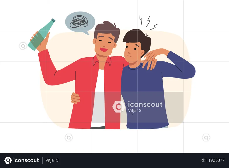 Man leading drunk friend with bottle in hand  Illustration
