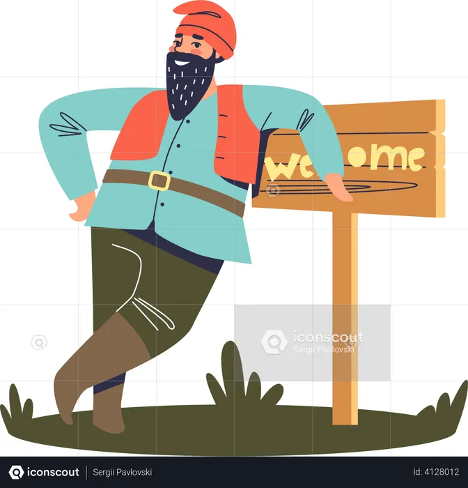 Man leaning on welcome board  Illustration