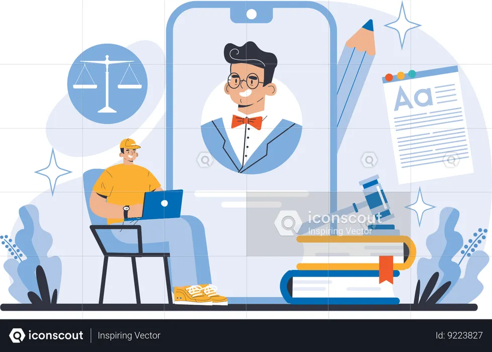 Man learning law online  Illustration