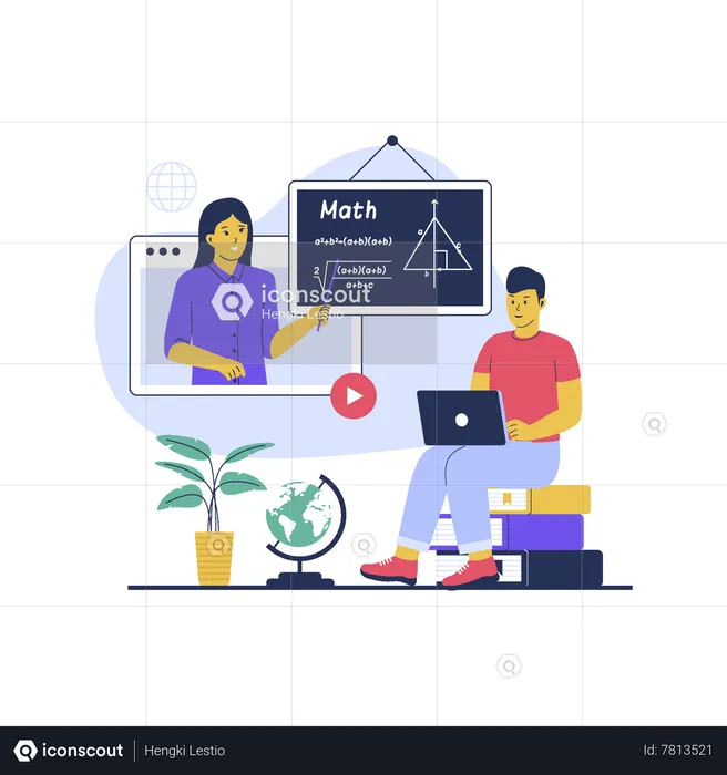 Man learning math in online class  Illustration