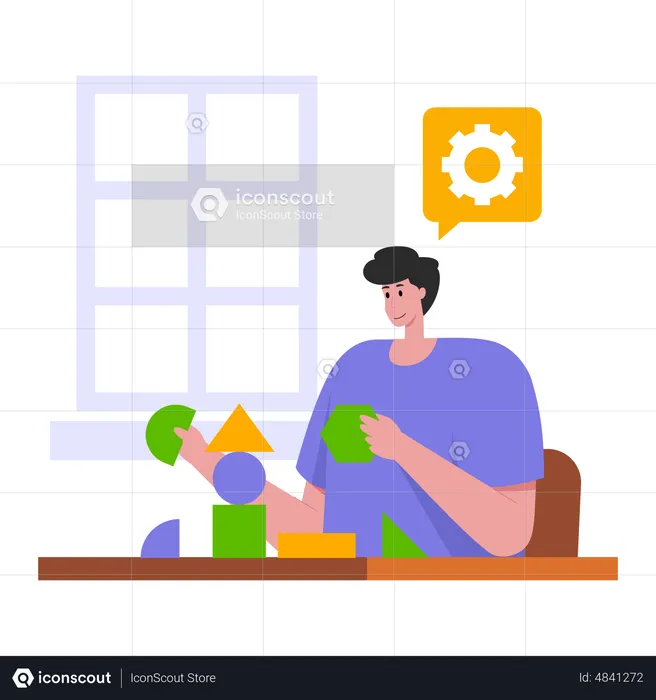 Man learning to assemble shapes  Illustration