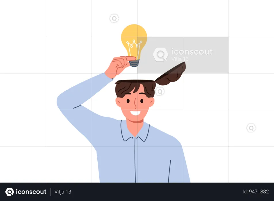 Man learns about innovative idea puts light bulb inside head to improve own creative thinking  Illustration