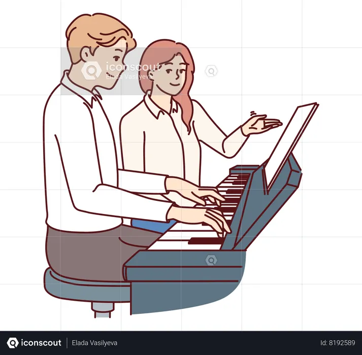 Man learns to play piano with woman teacher who tutors and  Illustration