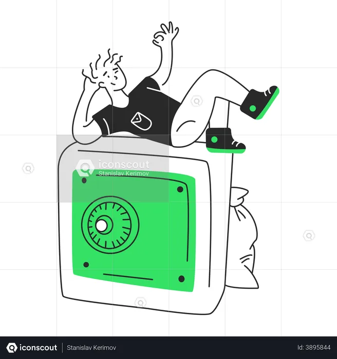 Man lies on a safe with money  Illustration