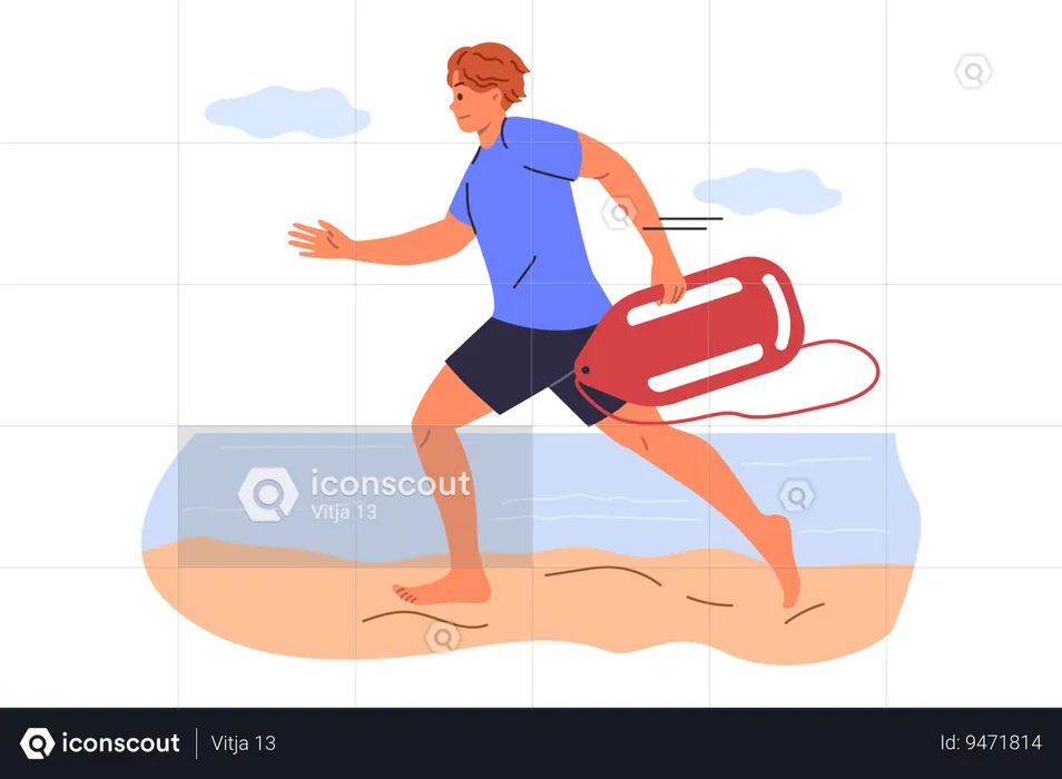 Man lifeguard runs along beach to save life of man in need of help is drowning in sea  Illustration