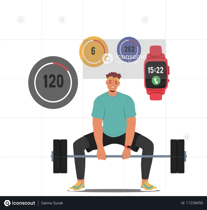 Man Lifting Weights While Monitoring Fitness Metrics Using Smartwatch  Illustration