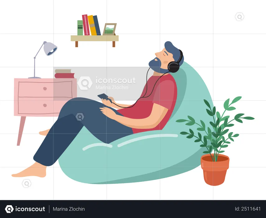 Man listening music while sitting on beanbag  Illustration