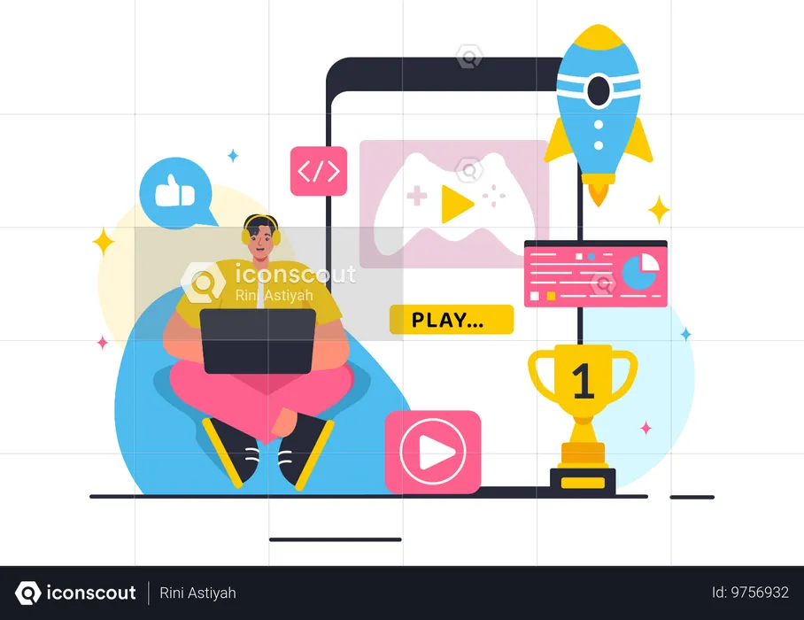 Man listening song while working on game development  Illustration