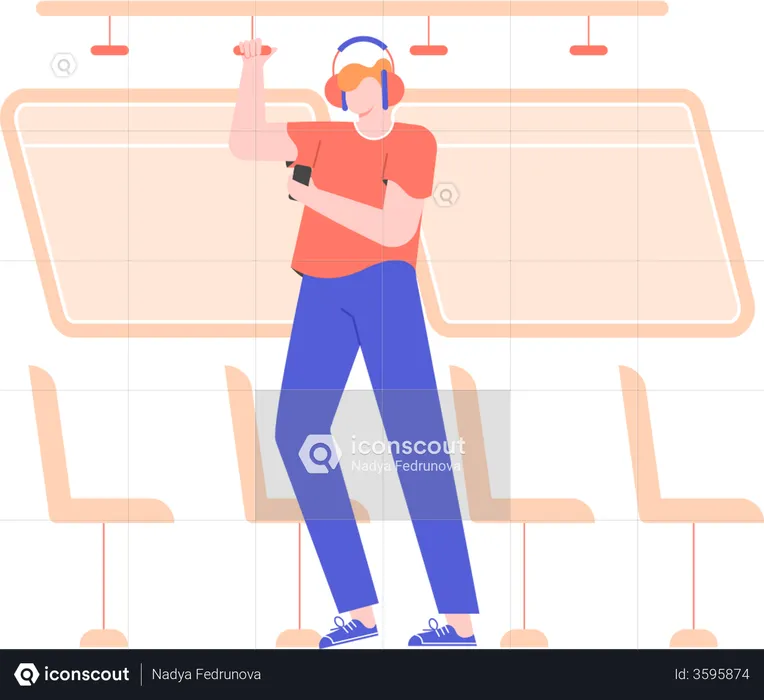 Man listening to podcast while commuting through bus  Illustration