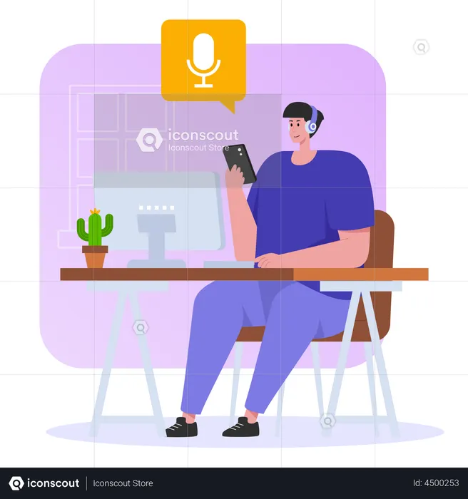 Man listening to podcast while working  Illustration