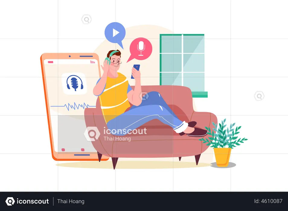 Man listening to the podcast while sitting on a couch  Illustration