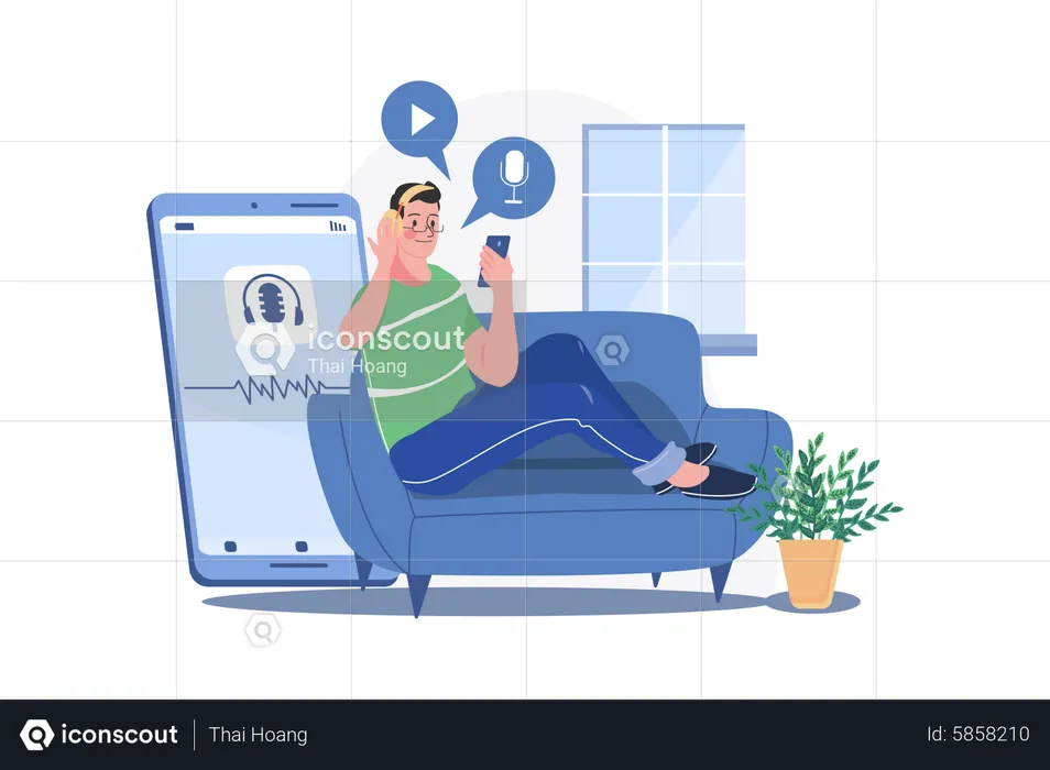 Man listening to the podcast while sitting on a couch  Illustration