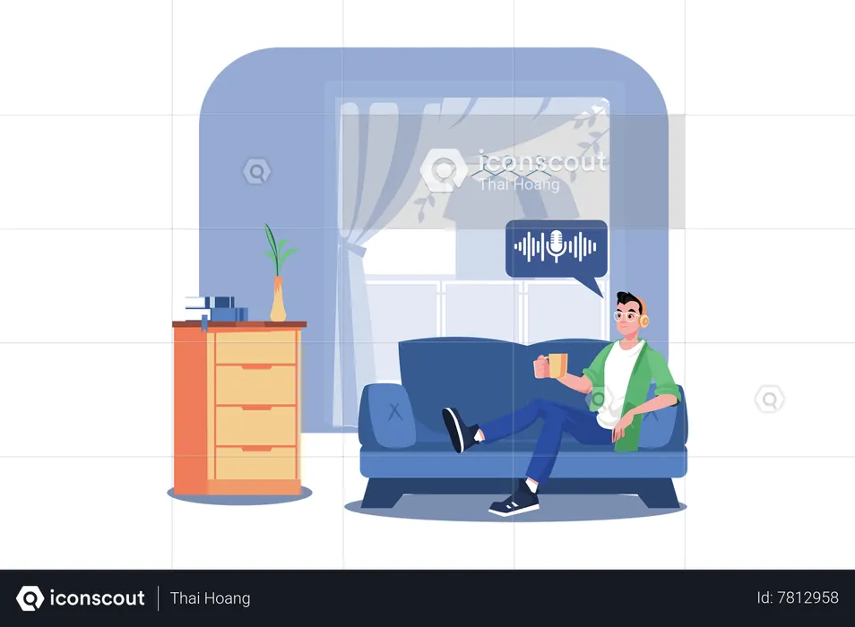 Man Listening To The Podcast While Sitting On A Couch  Illustration