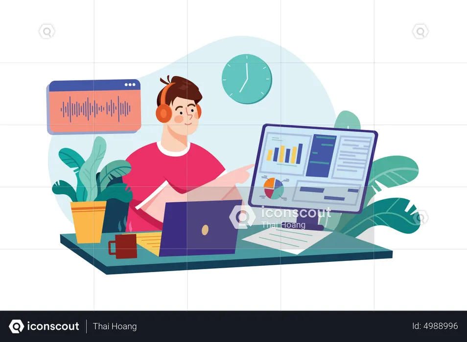 Man Listening To The Podcast While Working  Illustration