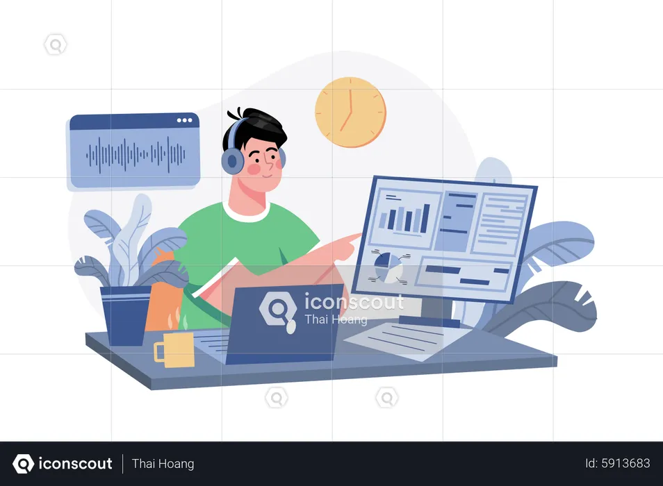 Man Listening To The Podcast While Working  Illustration