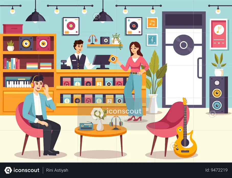Man listing music at music store  Illustration