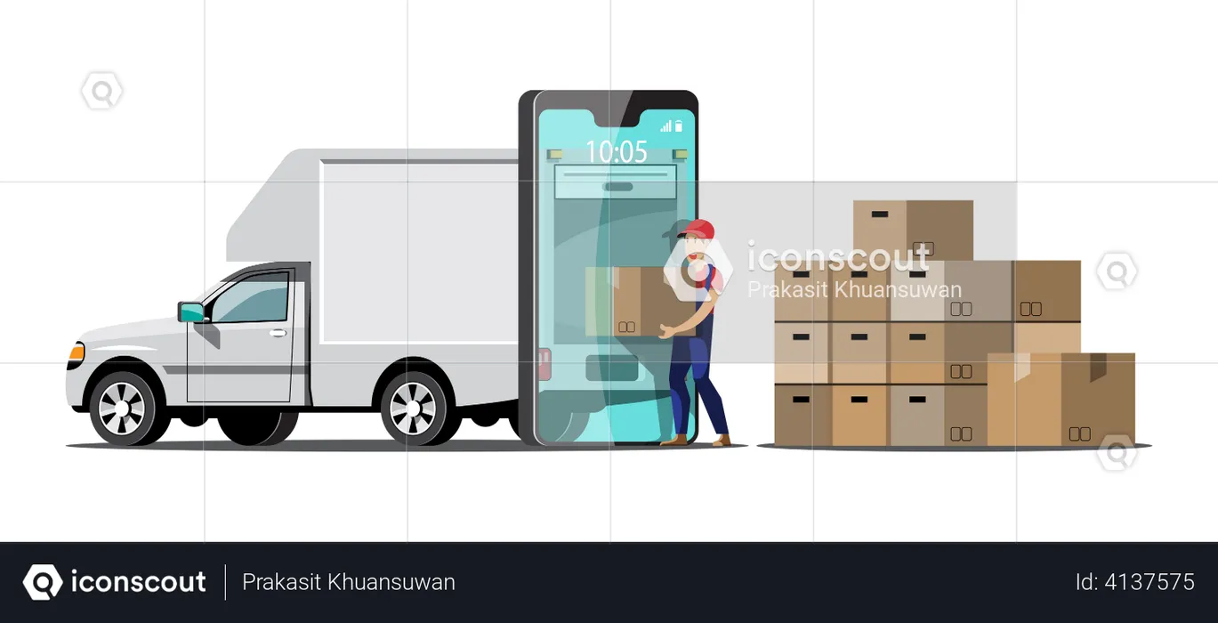 Man loading delivery boxes in truck  Illustration