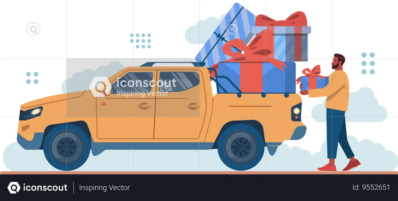 Man loading gift in pick up truck  Illustration