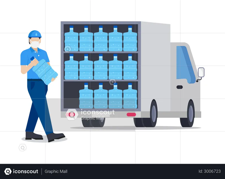 Man loading water bottles into truck  Illustration