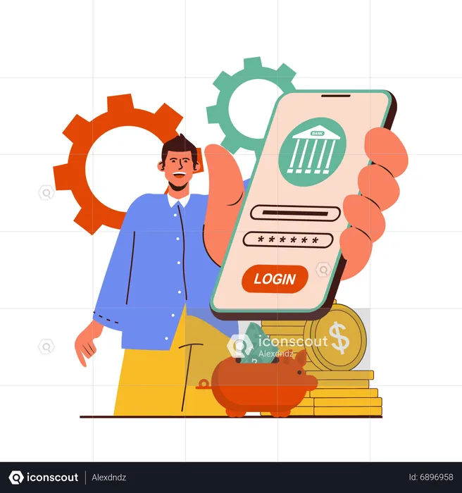 Man login internet banking account in mobile  Illustration