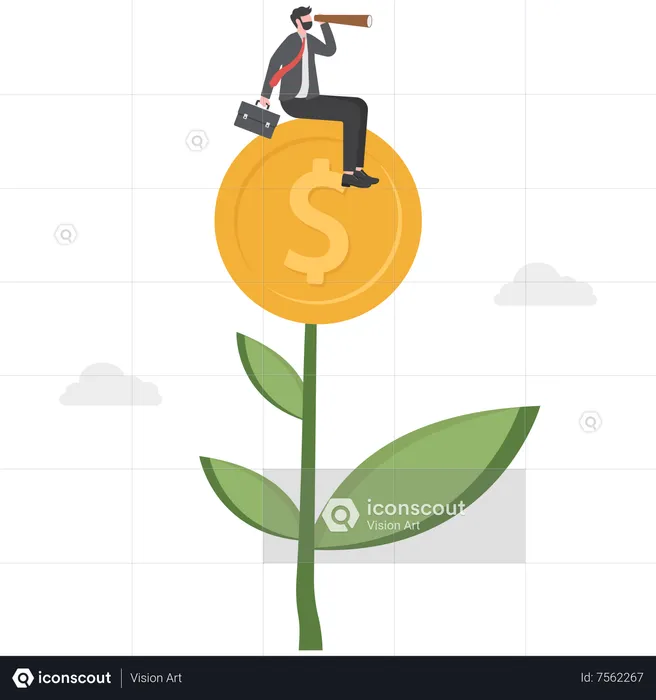 Man look through telescope on plant with money coin flower  Illustration