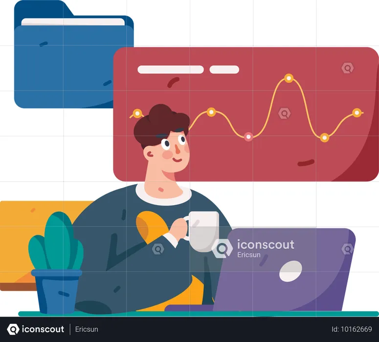 Man looking analysis chart while holding coffee cup  Illustration