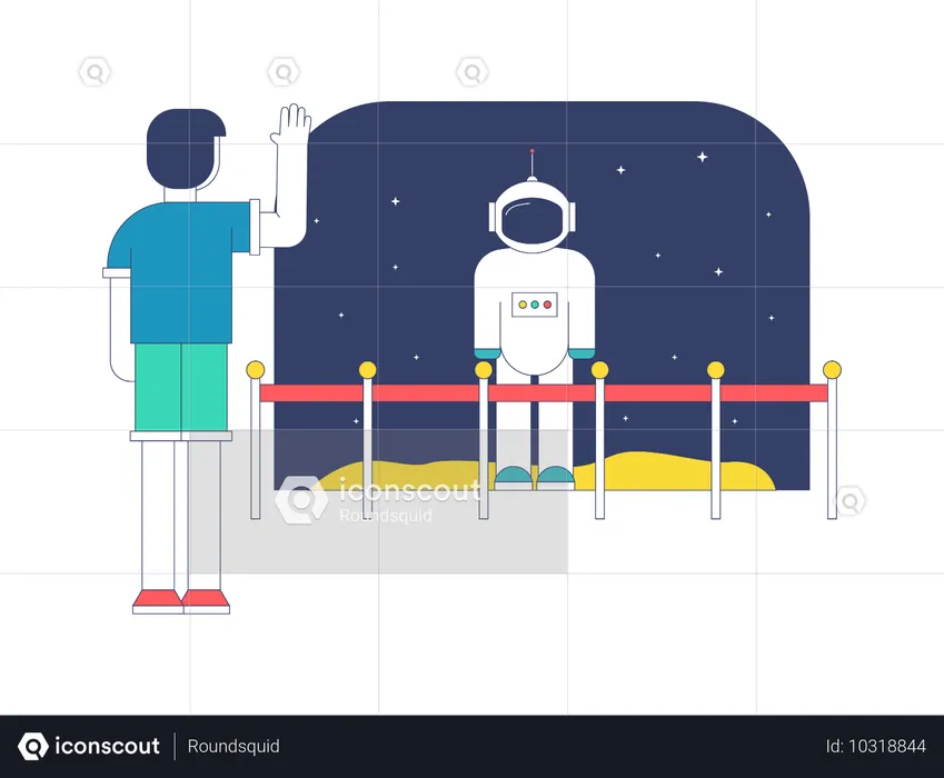 博物館で宇宙飛行士の服を着ている男性  イラスト