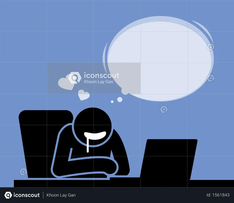 Man looking at a computer screen while drooling all over his mouth  Illustration