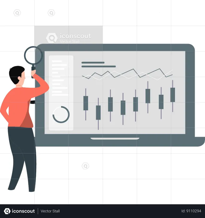 Man looking at candle stick graph on laptop  Illustration