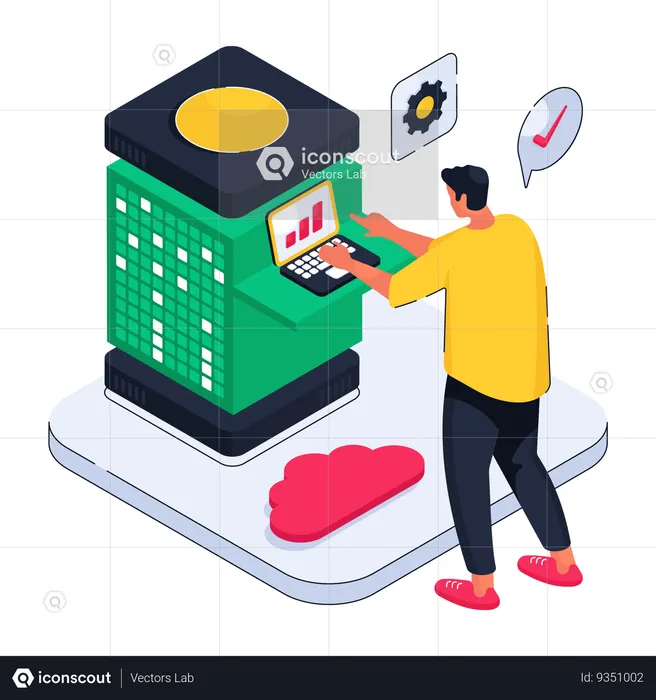Man looking at cloud database analytics  Illustration