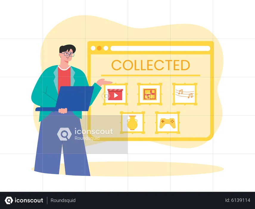 Man looking at collected NFT items  Illustration