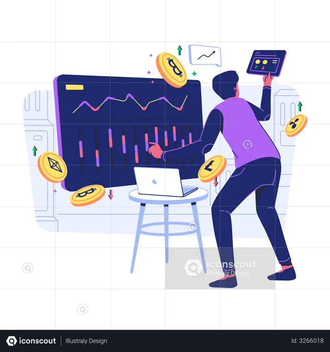 Man looking at Cryptocurrency Trading desk  Illustration