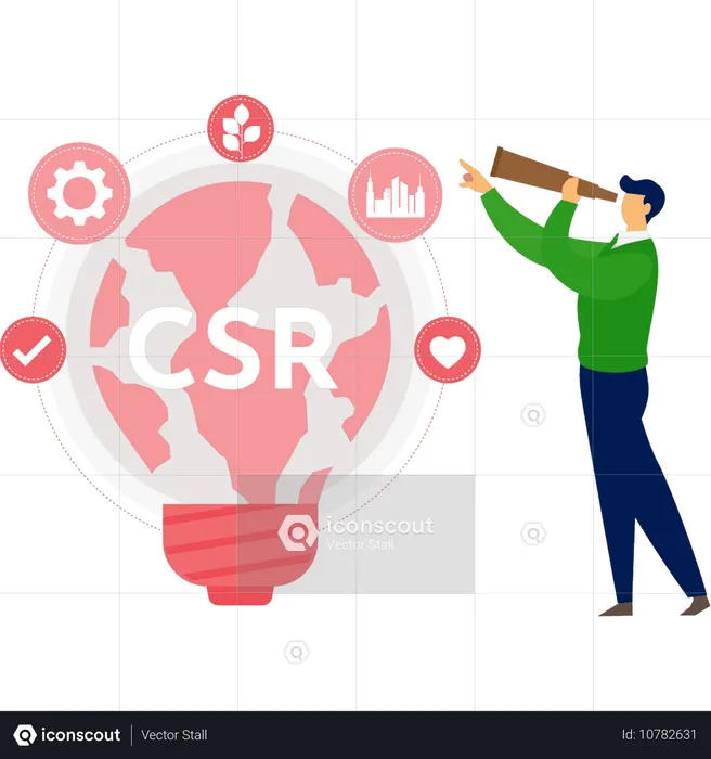 망원경으로 CSR 아이디어 전구를 바라보는 남자  일러스트레이션